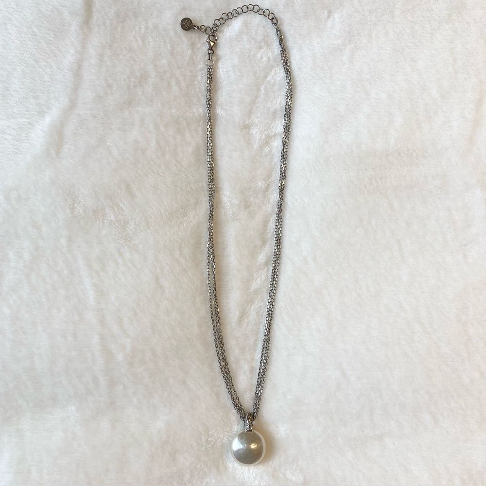 Majorica Sterling Silver Multi Strand Large Simulated Pearl Pendant Necklace